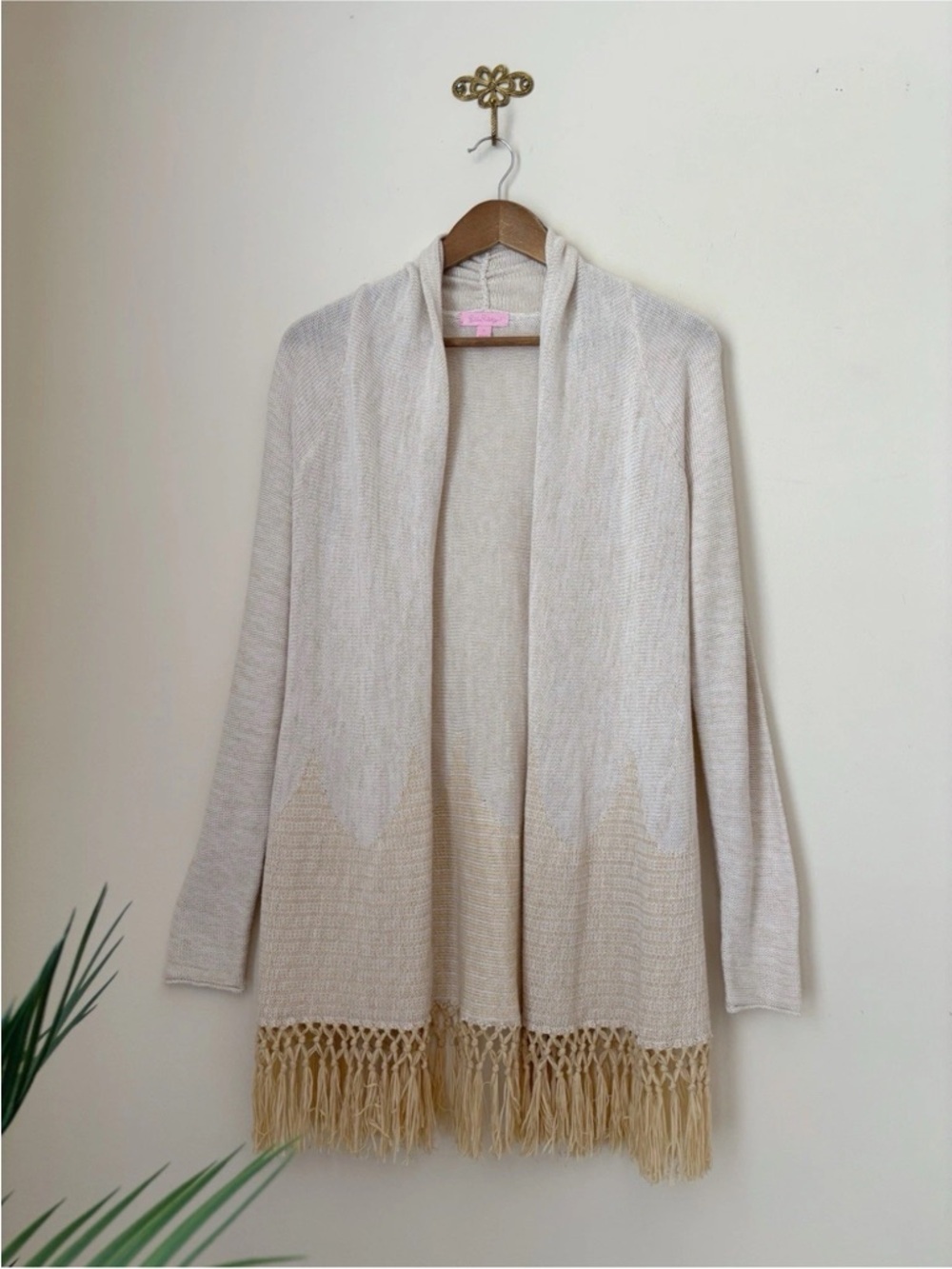 Lilly Pulitzer Tatum Gold Metallic Fringe Longline Cardigan Large Preppy Summer